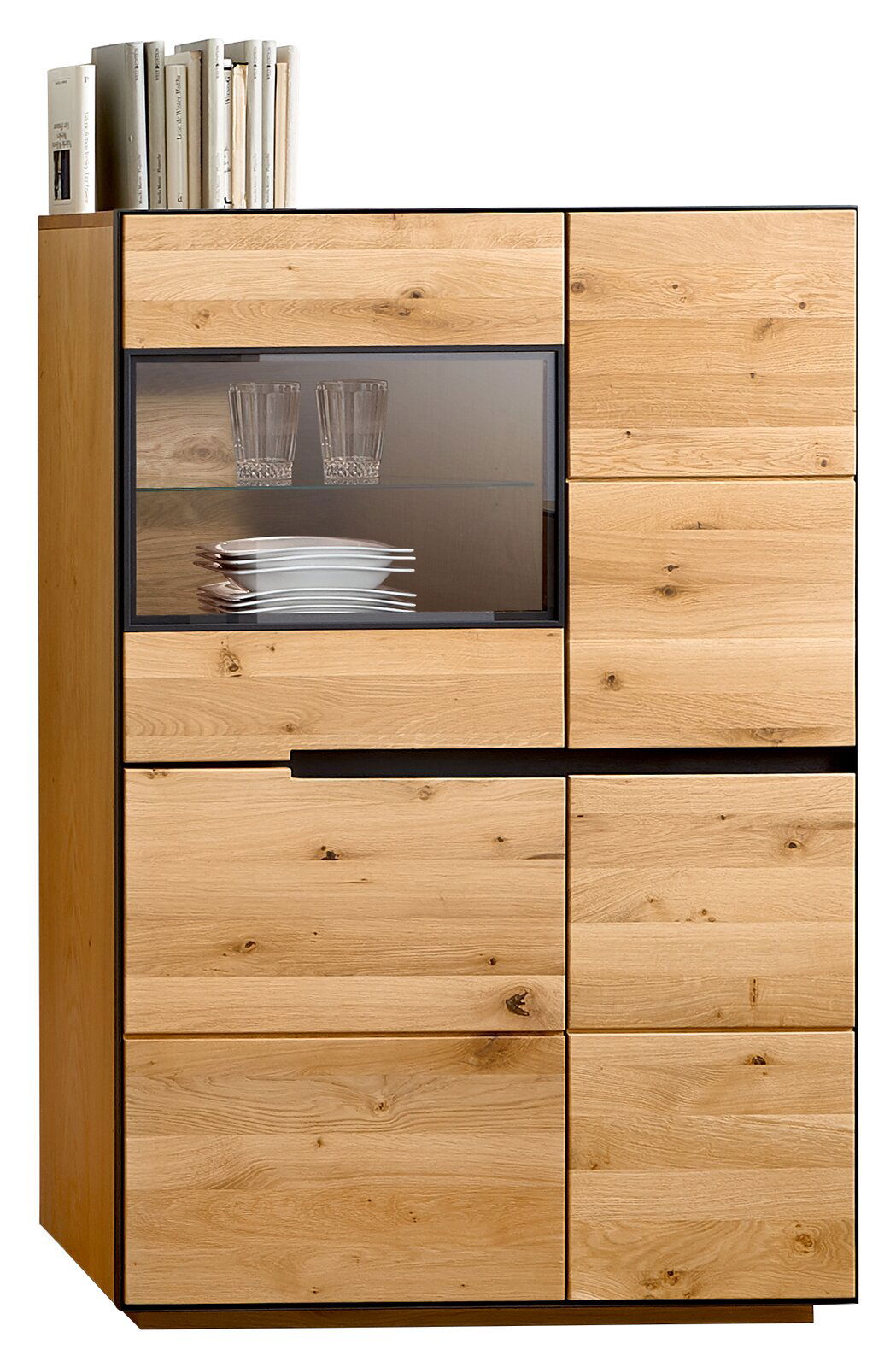Linea Natura Highboard KELIO Hochwertiges Highboard aus Holz mit Glasvitrine, frontal abgebildet, ideal zur Präsentation von Geschirr und Büchern.