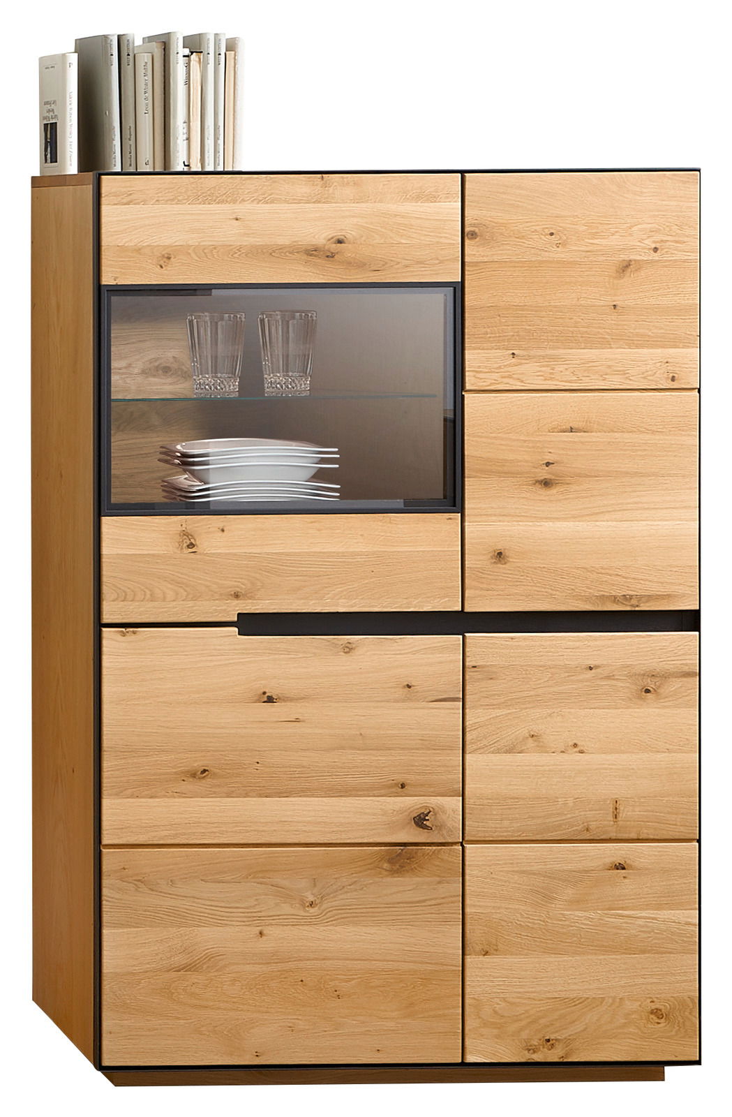 Hochwertiges Highboard aus Holz mit Glasvitrine, frontal abgebildet, ideal zur Präsentation von Geschirr und Büchern.