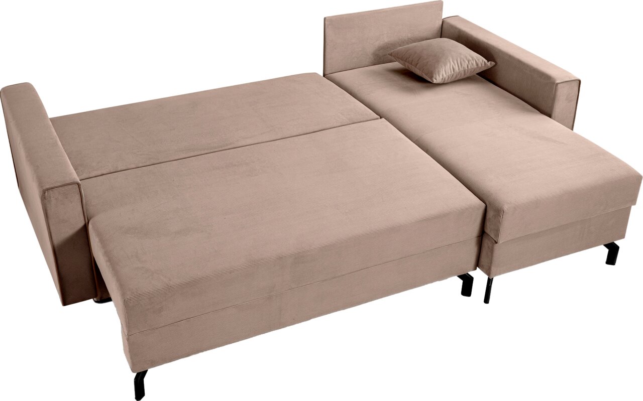 Schlafsofa in L-Form, ausgeklappt, mit rechter Ausrichtung, in beige, aus der Vogelperspektive