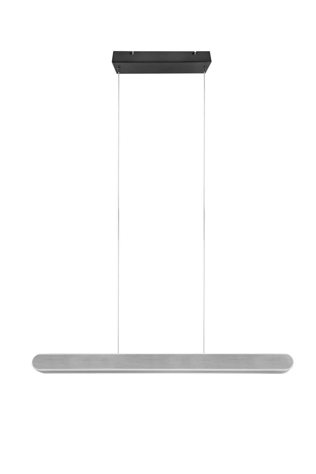 Moderne Pendelleuchte Helios in seitlicher Ansicht mit rechteckigem schwarzen Baldachin und schlankem, horizontalem Leuchtkörper aus Metall.