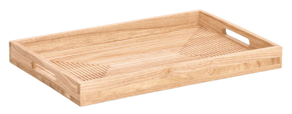 Holz-Serviertablett mit erhöhtem Rand und seitlichen Griffen, perspektivisch von schräg oben fotografiert.