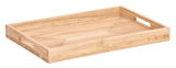 Holz-Serviertablett mit erhöhtem Rand und seitlichen Griffen, perspektivisch von schräg oben fotografiert.
