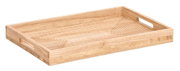 Holz-Serviertablett mit erhöhtem Rand und seitlichen Griffen, perspektivisch von schräg oben fotografiert.