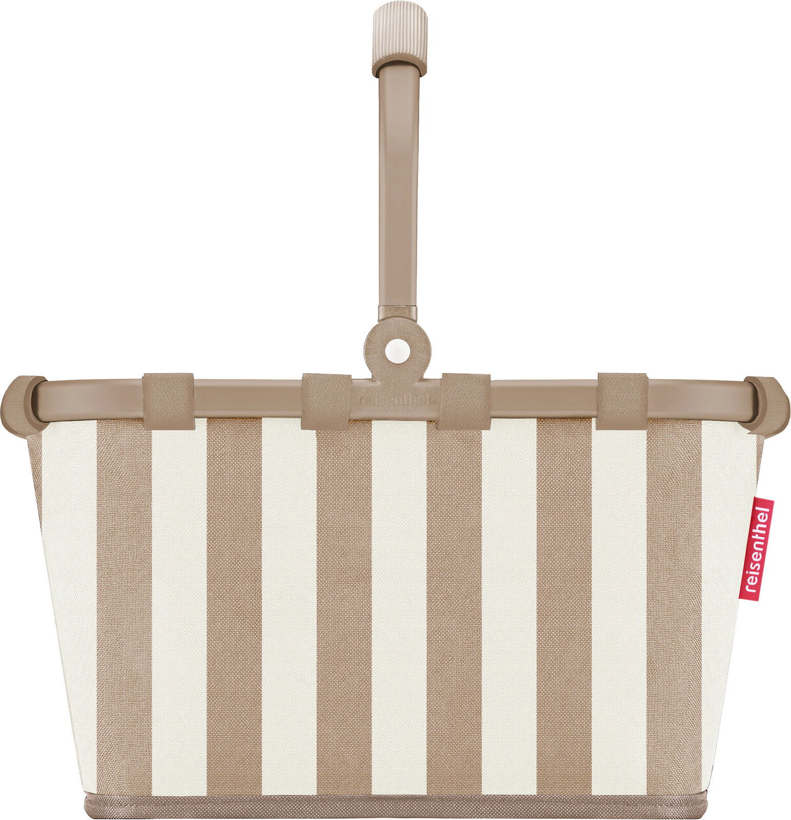 Beige-weiß gestreifter Einkaufskorb mit langem Griff und Reisenthel-Label, Frontansicht