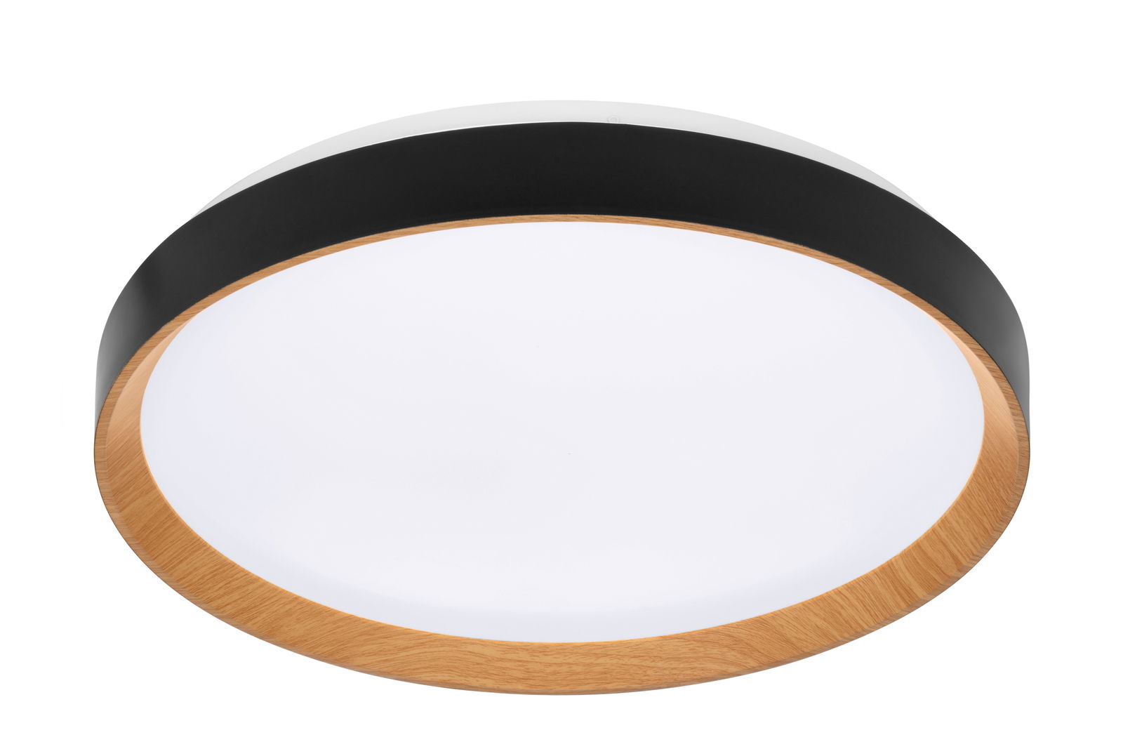 Runde LED-Deckenleuchte mit Holz- und Metallelementen, seitliche Perspektive