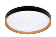 Runde LED-Deckenleuchte mit Holz- und Metallelementen, seitliche Perspektive