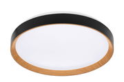 Runde LED-Deckenleuchte mit Holz- und Metallelementen, seitliche Perspektive