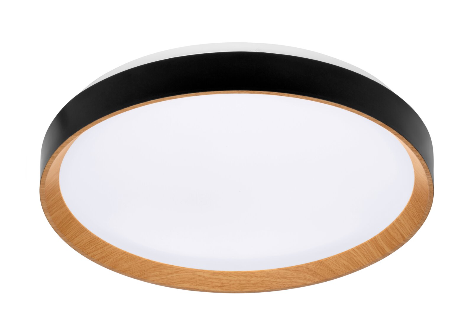 Runde LED-Deckenleuchte mit Holz- und Metallelementen, seitliche Perspektive