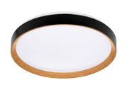 Runde LED-Deckenleuchte mit Holz- und Metallelementen, seitliche Perspektive