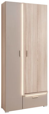 Moderner Garderobenschrank mit Holzoptik und LED-Beleuchtung, Frontalansicht