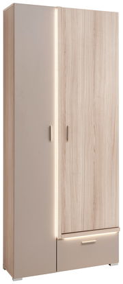 Moderner Garderobenschrank mit Holzoptik und LED-Beleuchtung, Frontalansicht