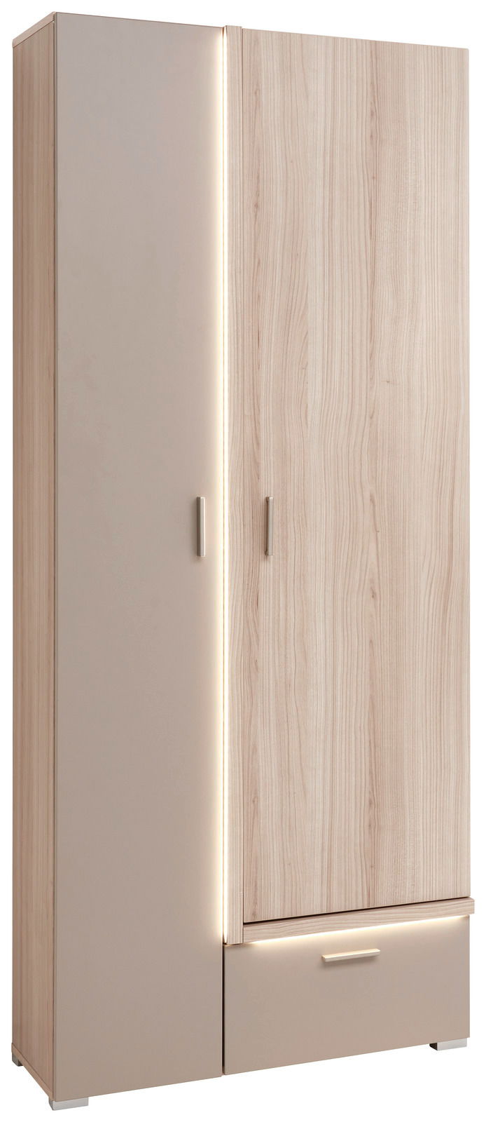 Moderner Garderobenschrank mit Holzoptik und LED-Beleuchtung, Frontalansicht