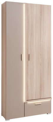 Moderner Garderobenschrank mit Holzoptik und LED-Beleuchtung, Frontalansicht