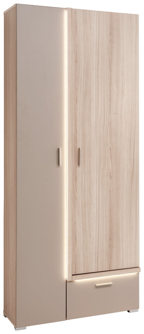 Moderner Garderobenschrank mit Holzoptik und LED-Beleuchtung, Frontalansicht