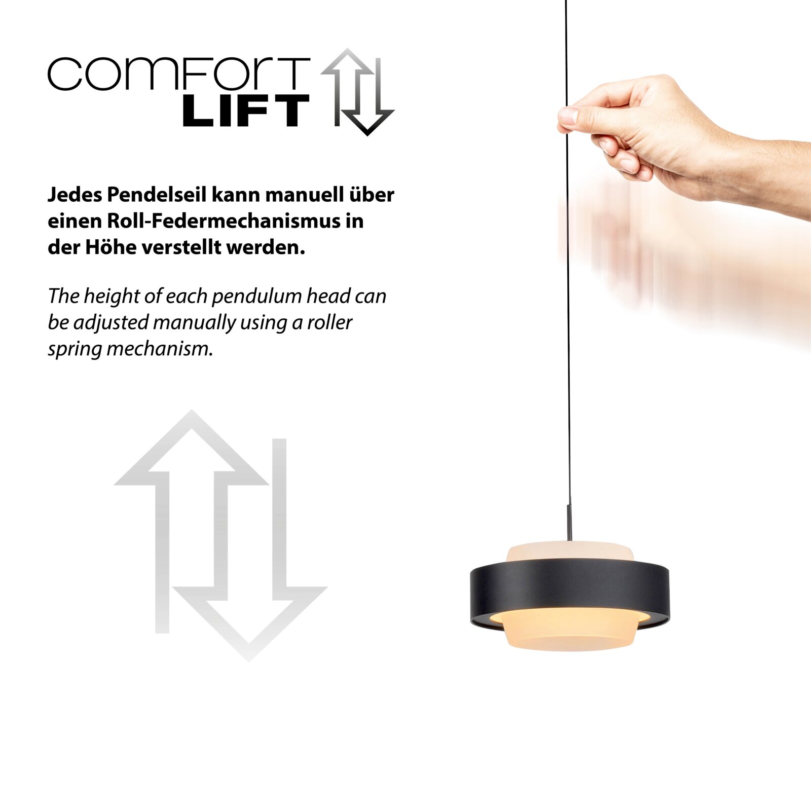 Schwarze Pendelleuchte mit warmweißem Licht und höhenverstellbarem Pendelseil (Comfort Lift), Seitenansicht mit Hand, die am Kabel zieht