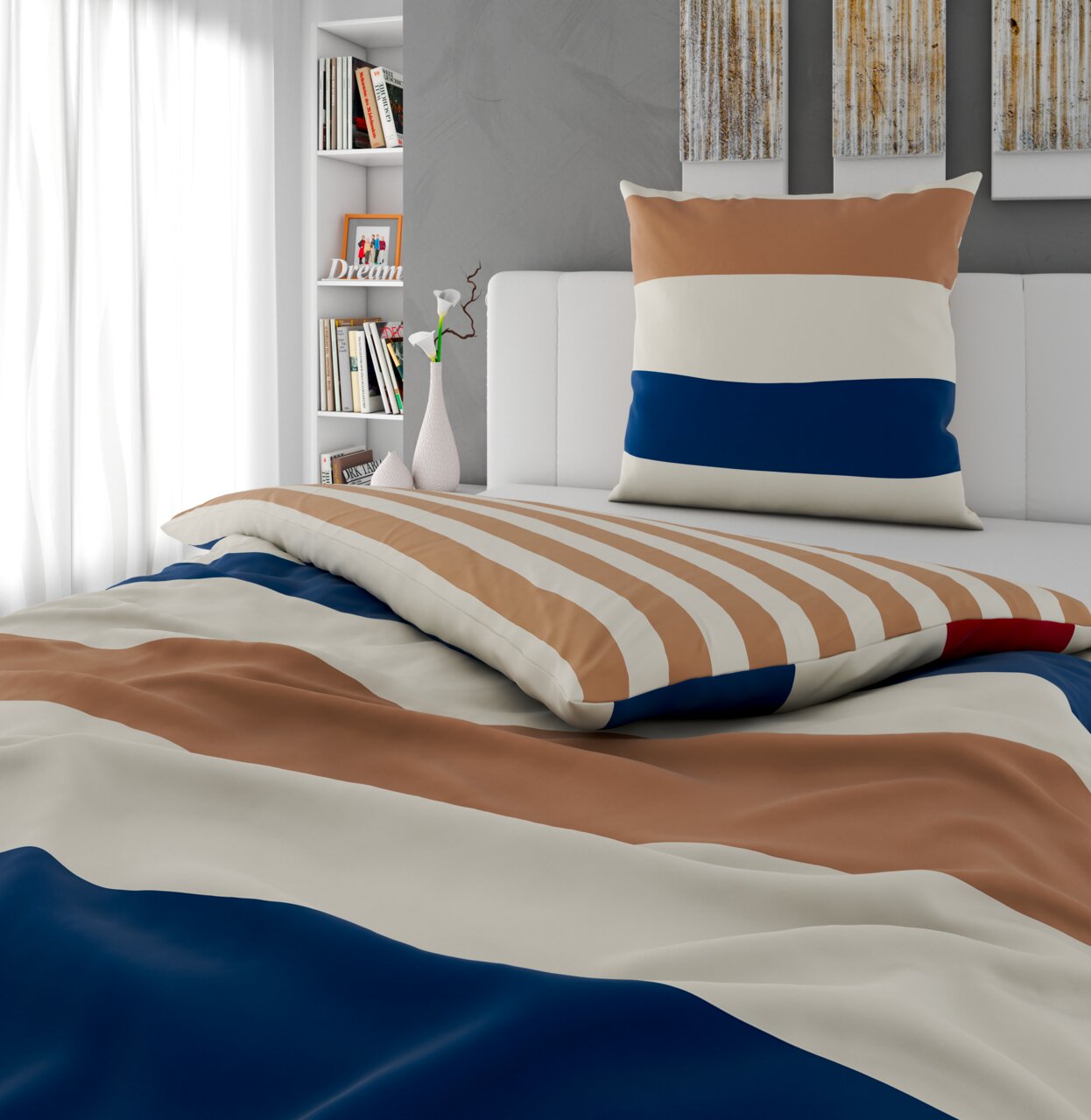 Wendebettwäsche in Streifenmuster mit den Farben Braun, Weiß und Blau auf einem Bett, fotografiert aus einer seitlichen Perspektive.