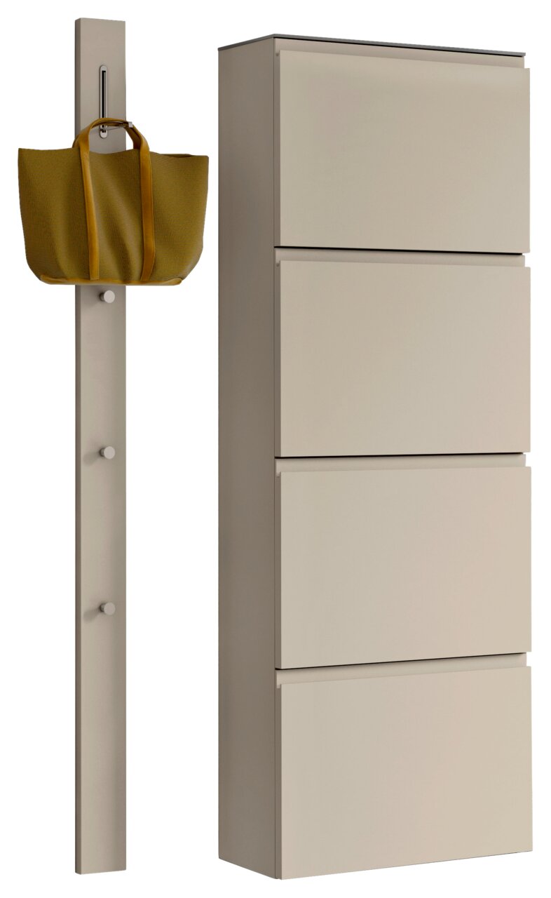 Garderobenset in Beige mit vier Schubladen und einer Hakenleiste, seitliche Perspektive