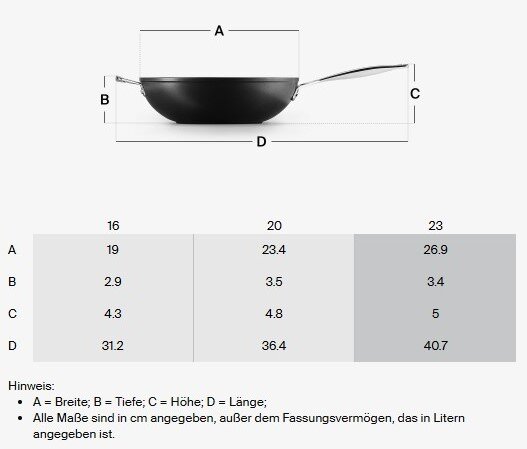 Seitenansicht einer Brat- und Servierpfanne mit 23 cm Durchmesser, schwarzer Farbe und langem Griff.