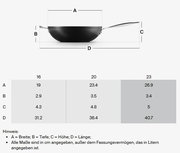 Seitenansicht einer Brat- und Servierpfanne mit 23 cm Durchmesser, schwarzer Farbe und langem Griff.