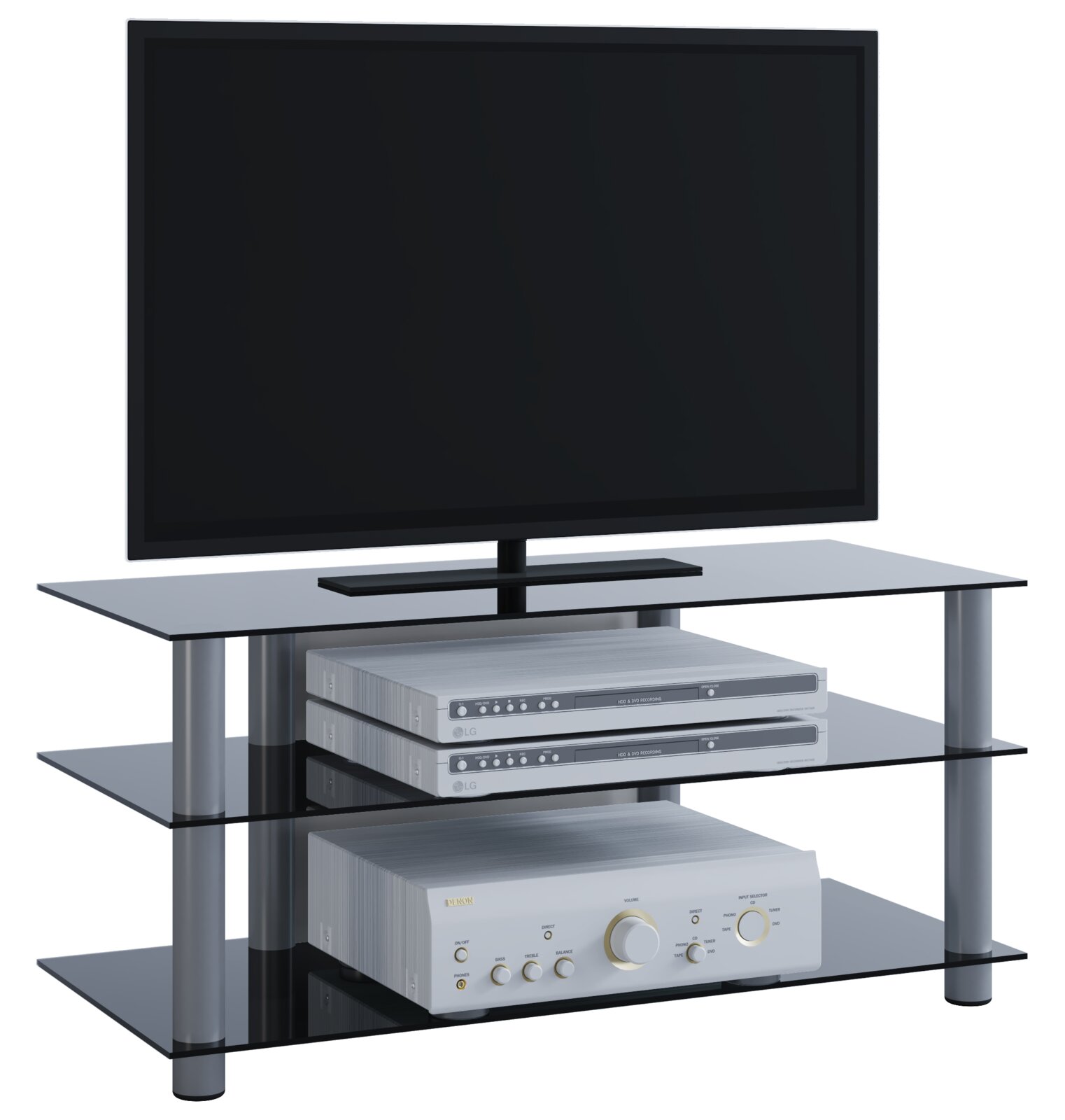 Schwarzes Glas-TV- und HiFi-Rack mit mehreren Ebenen, darauf ein Flachbildfernseher und silberne AV-Geräte Perspektive: frontale Ansicht mit leichter Schrägsicht von links.