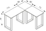 Technische Maßzeichnung eines L-förmigen Eckschreibtischs mit zwei 110 × 50 cm großen Tischplatten und 76 cm Höhe, dargestellt in isometrischer Perspektive von schräg oben.