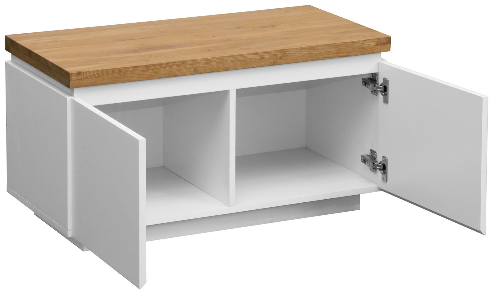 Garderobenbank mit Holzoberfläche und offenen weißen Türen, seitliche Perspektive