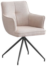 Moderner Armlehnstuhl mit beigem Stoffbezug und schwarzem Metallgestell, seitliche Perspektive