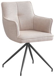 Moderner Armlehnstuhl mit beigem Stoffbezug und schwarzem Metallgestell, seitliche Perspektive