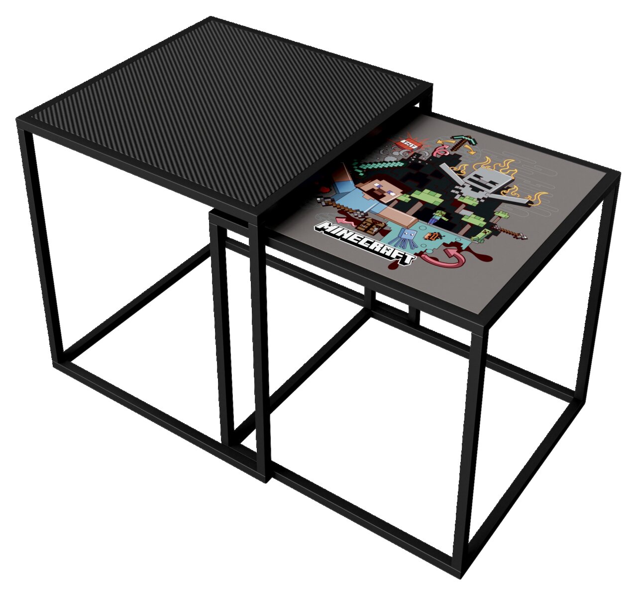 Een set van twee in elkaar schuifbare bijzettafels met een zwart metalen onderstel; de ene tafel heeft een donker, geribbeld blad, de andere een Minecraft-motief, afgebeeld in een schuin bovenaanzicht (3/4-perspectief)