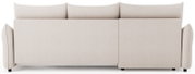 Beiges, modernes Sofa mit drei Rückenkissen und abgerundeten Armlehnen, frontale Ansicht.