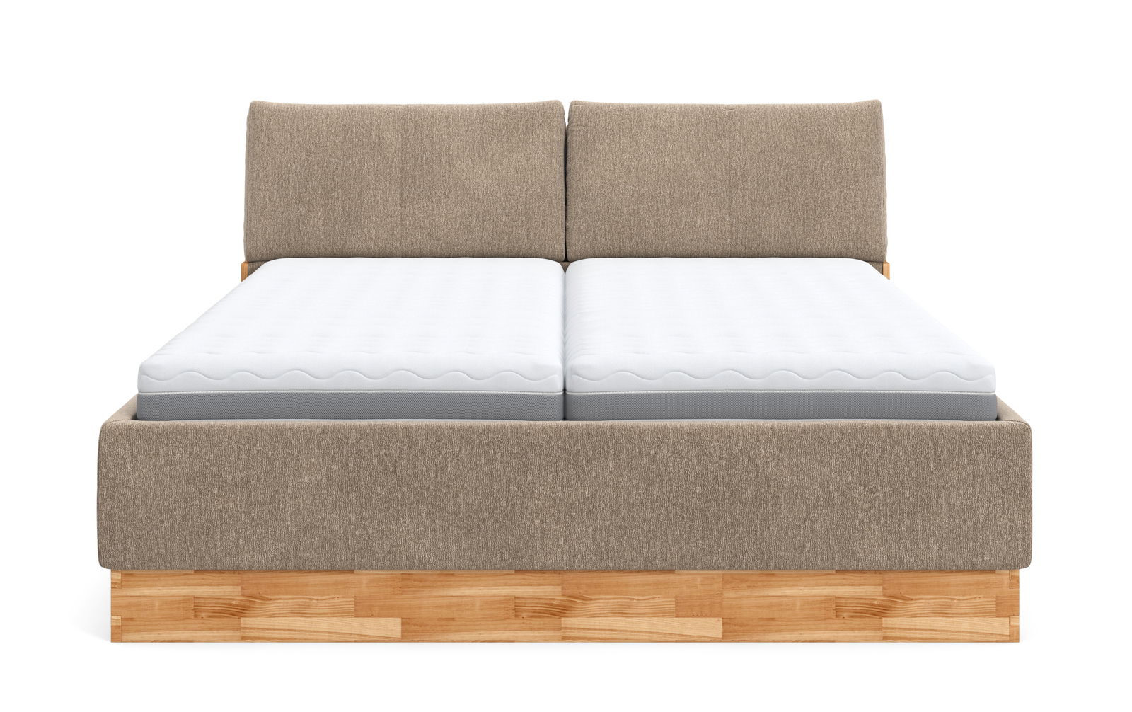 Frontale Ansicht eines Polsterbetts mit beigem Stoffbezug und Holzrahmen.