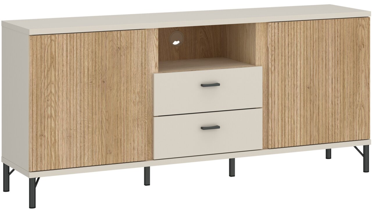 TV-lowboard met houtlook en twee lades, vooraanzicht