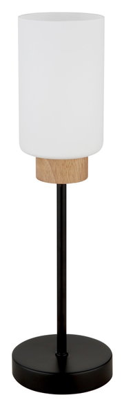 Moderne Tischlampe mit zylindrischem, mattem weißem Glasschirm, Holzdetail und schwarzem Metallfuß, frontale Ansicht