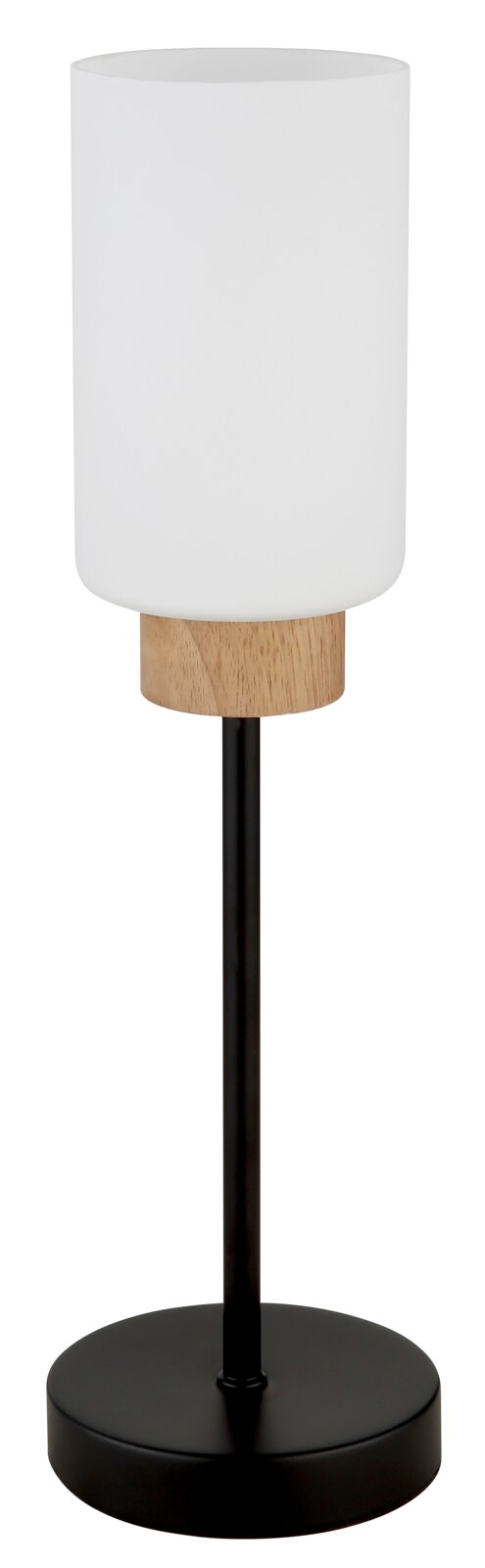 Moderne Tischlampe mit zylindrischem, mattem weißem Glasschirm, Holzdetail und schwarzem Metallfuß, frontale Ansicht