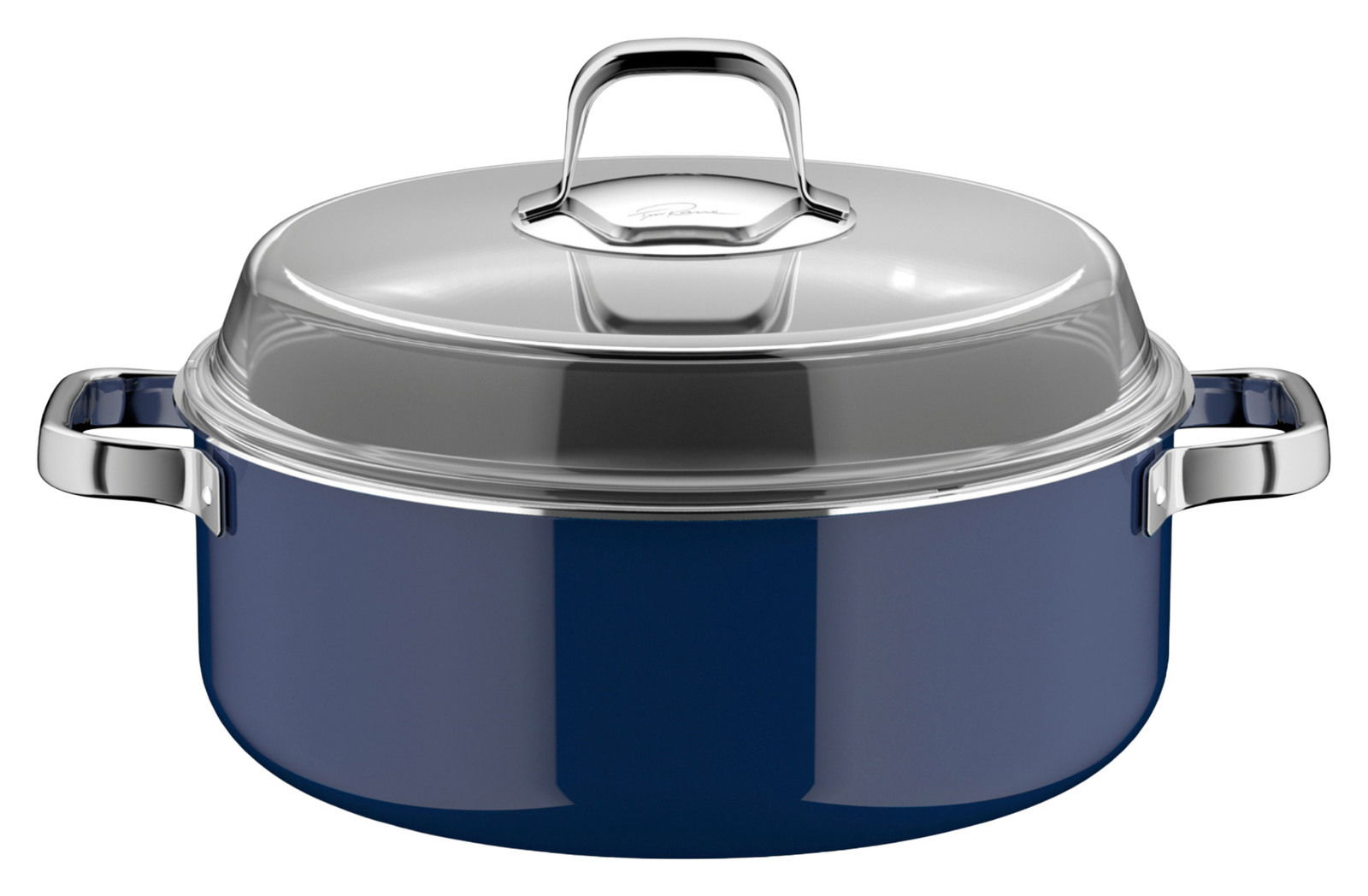 WMF Schmortopf mit Deckel Ø28cm FUSIONTEC MINERAL PRO Blauer Schmortopf mit silbernem Deckel und Griffen, seitliche Perspektive