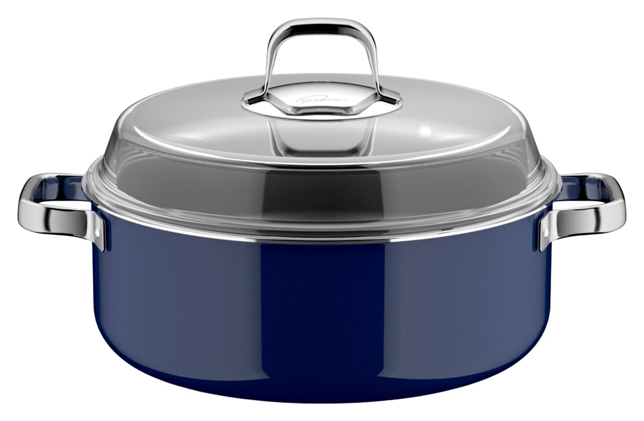 Blauwe braadpan met zilveren deksel en handvatten, zijaanzicht