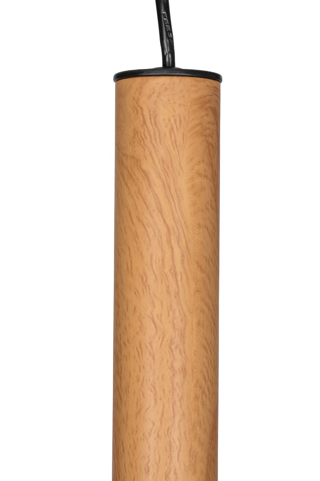 Zylindrische Hängelampe mit Holzoptik, seitliche Perspektive