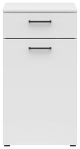 Weiße Kommode mit zwei Schubladen und schwarzen Griffen, frontale Ansicht