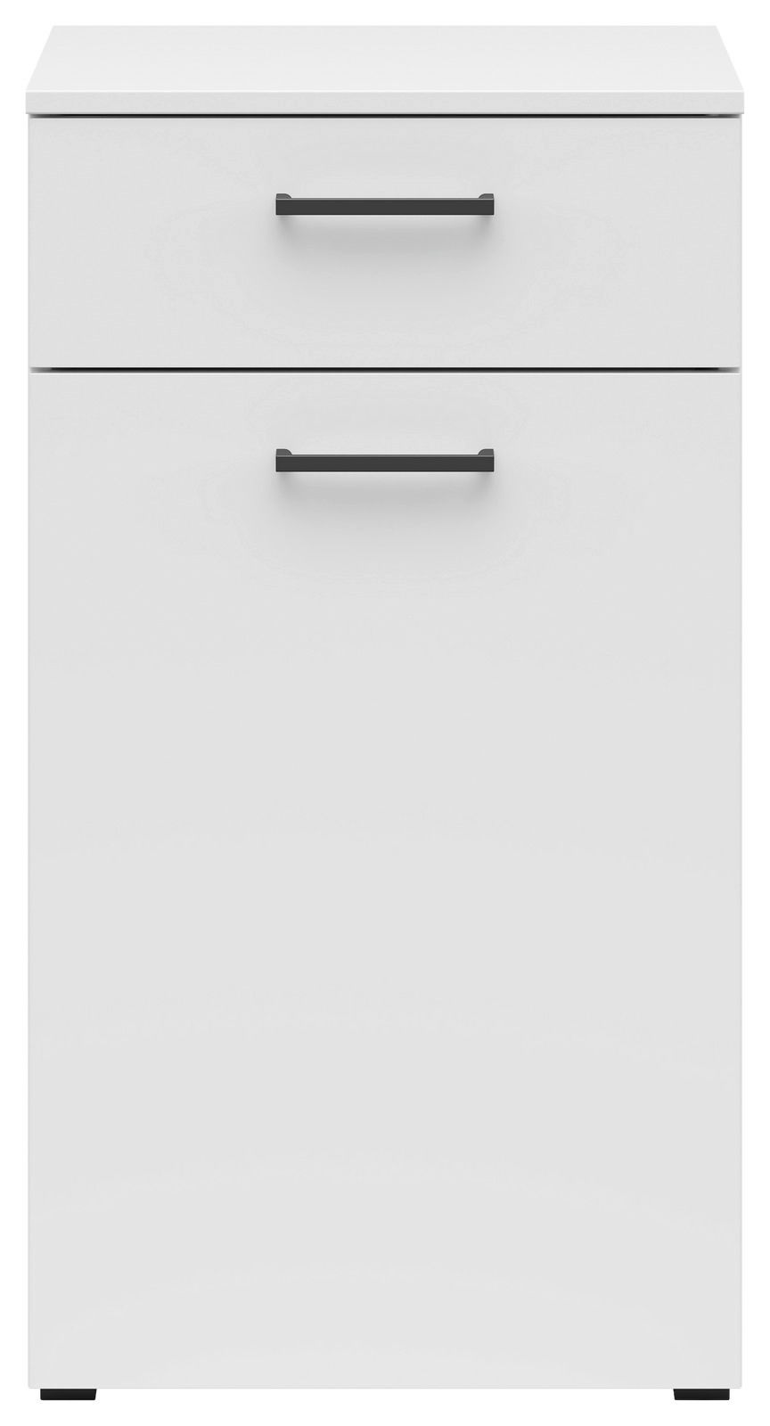 Weiße Kommode mit zwei Schubladen und schwarzen Griffen, frontale Ansicht