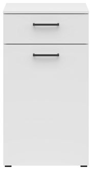 Weiße Kommode mit zwei Schubladen und schwarzen Griffen, frontale Ansicht