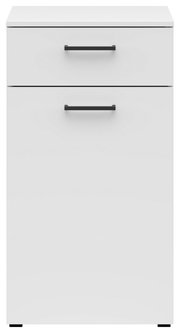 Weiße Kommode mit zwei Schubladen und schwarzen Griffen, frontale Ansicht