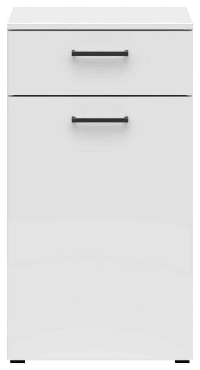 Weiße Kommode mit zwei Schubladen und schwarzen Griffen, frontale Ansicht