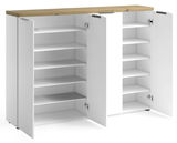XXL-Schuhschrank mit offenen Türen, weiße Regalböden und Holzoberfläche, Frontalansicht