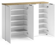 XXL-Schuhschrank mit offenen Türen, weiße Regalböden und Holzoberfläche, Frontalansicht