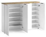 XXL-Schuhschrank mit offenen Türen, weiße Regalböden und Holzoberfläche, Frontalansicht