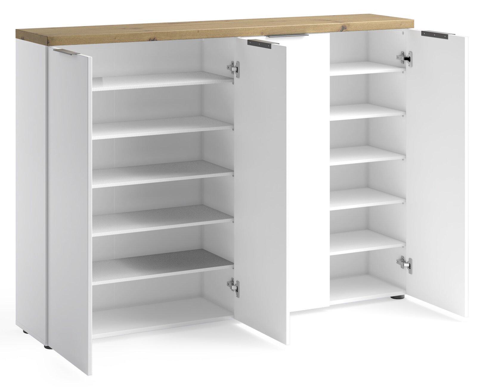 XXL-Schuhschrank mit offenen Türen, weiße Regalböden und Holzoberfläche, Frontalansicht