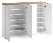 XXL-Schuhschrank mit offenen Türen, weiße Regalböden und Holzoberfläche, Frontalansicht