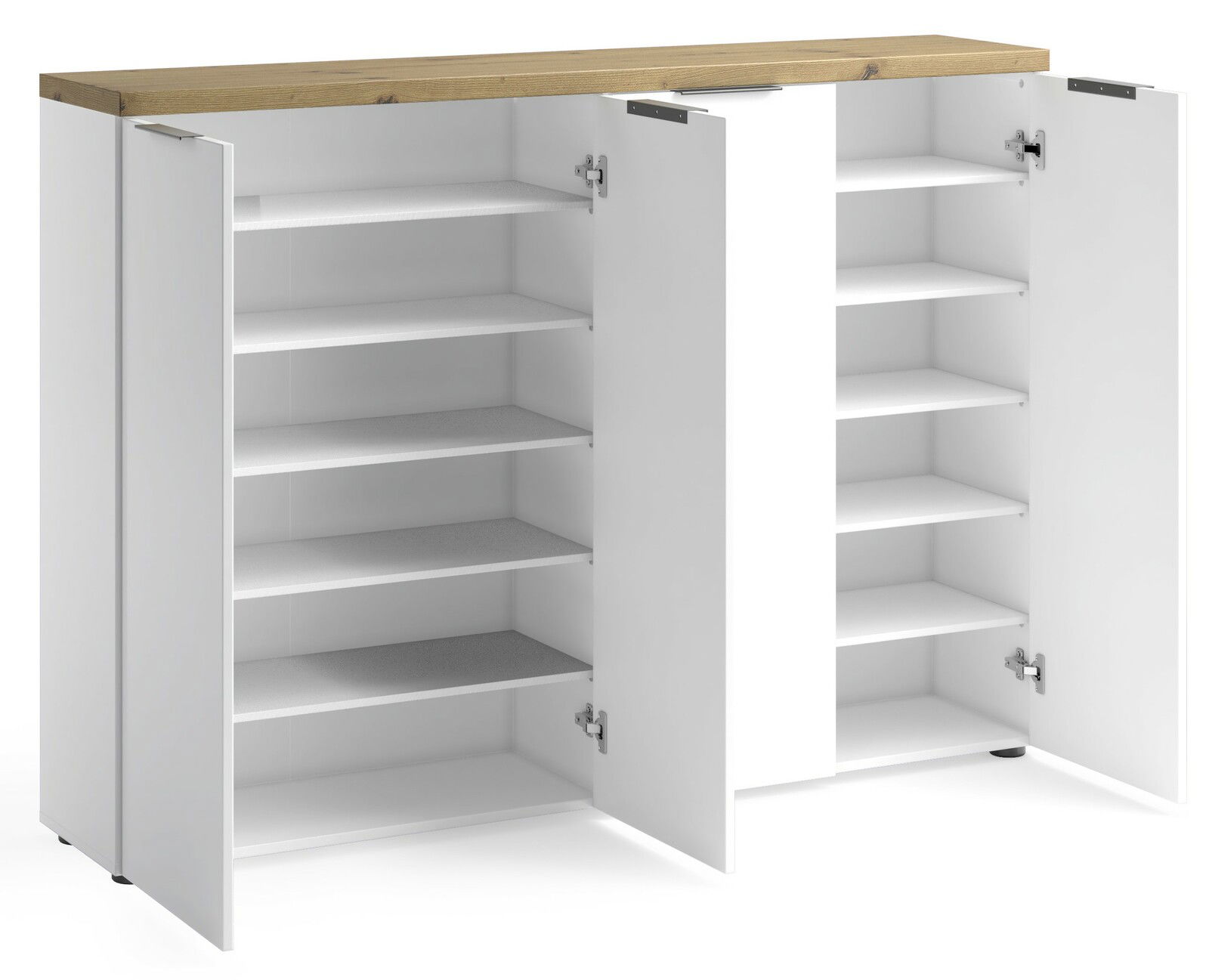XXL-Schuhschrank mit offenen Türen, weiße Regalböden und Holzoberfläche, Frontalansicht
