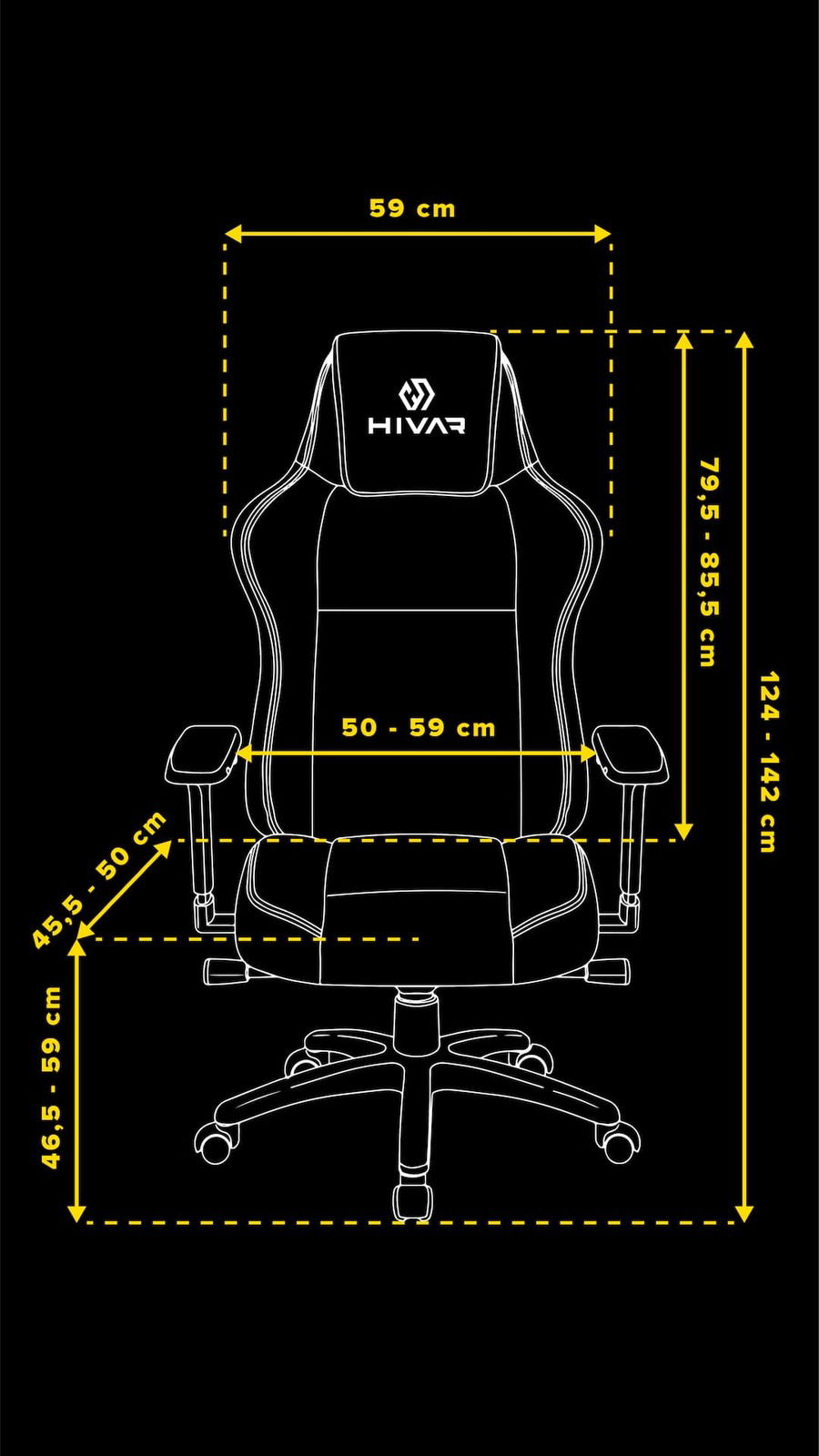 Frontansicht eines Gaming-Stuhls mit verstellbaren Armlehnen und ergonomischem Design, Maße in Zentimetern angegeben.