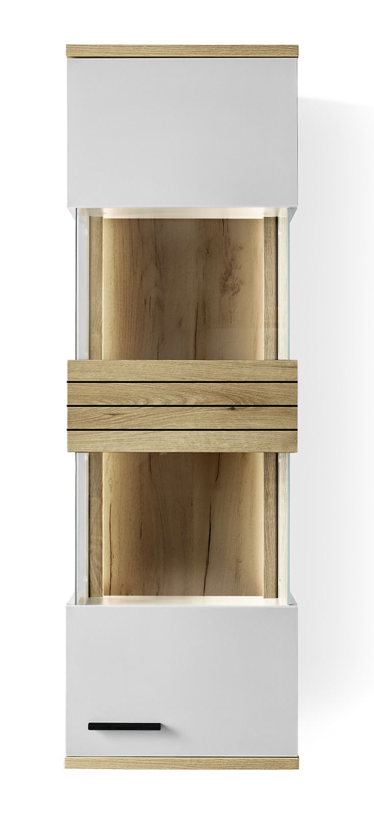 Hängevitrine aus Holz und Glas, frontale Ansicht